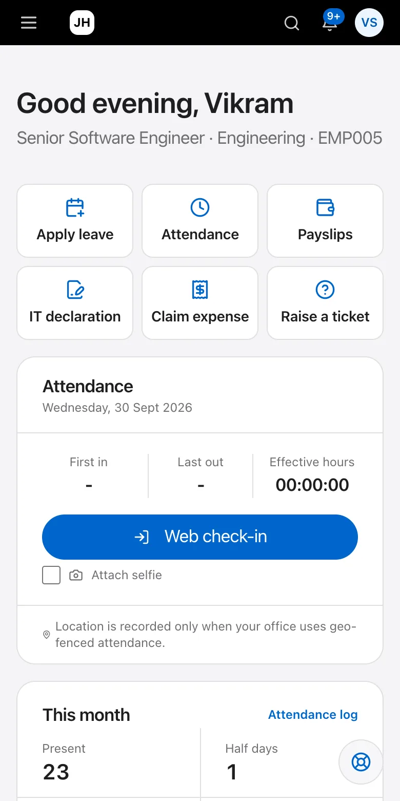 Employee self-service on a phone: today's attendance, leave balance and payslips